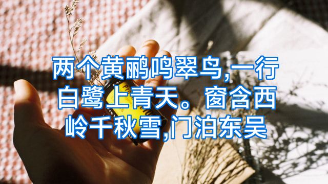 两个黄鹂鸣翠鸟,一行白鹭上青天。窗含西岭千秋雪,门泊东吴