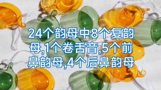 24个韵母中8个复韵母,1个卷舌音,5个前鼻韵母,4个后鼻韵母